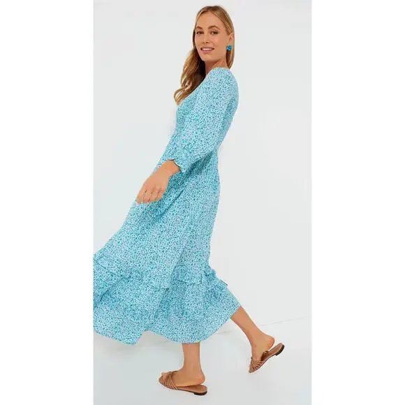 Pink City Prints Tuckernuck Ocean Ditsy Isabel V Neck Dress Long Sleeve Cotton - Picture 4 of 16